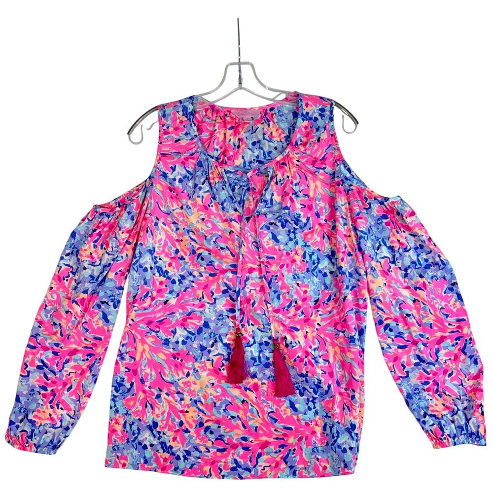 LILLY PULTZER Women's Finch Top Coco Coral Crab Print Cold Shoulder Blouse Small